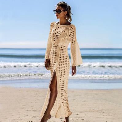 Damen Häkel-Strandkleid mit tiefem V-Ausschnitt und voluminösen Ärmeln EB