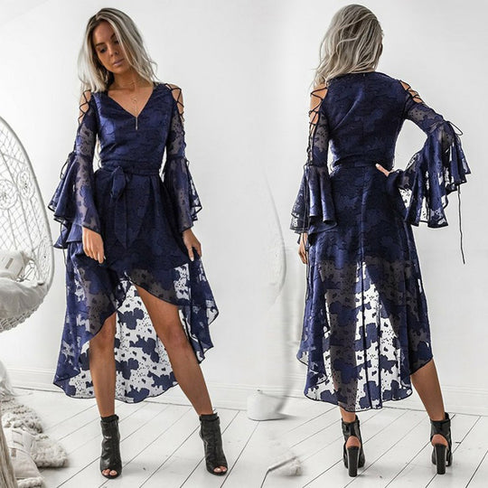 Damen Midi-Kleid mit transparenten Ärmeln und dekorativem Gürtel EB