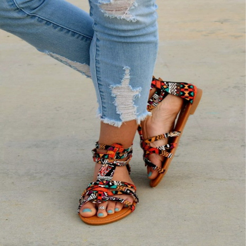 Damen nan Boho-Riemchensandale mit geflochtenen Textilriemen und knöchelhoher Wickelführung EB