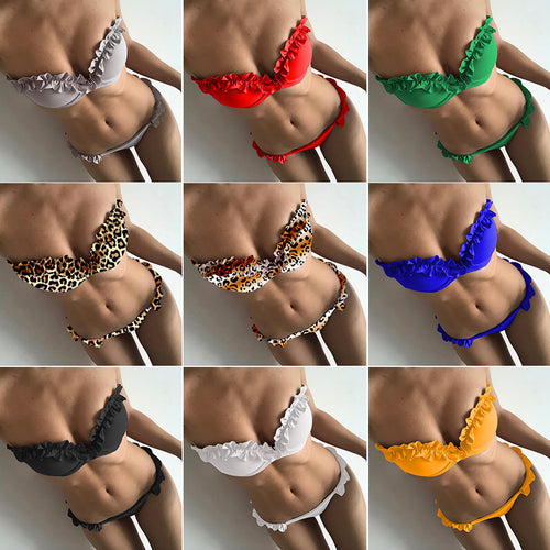 Damen Leopardenmuster Bikini-Set mit verspielten Rüschen EB