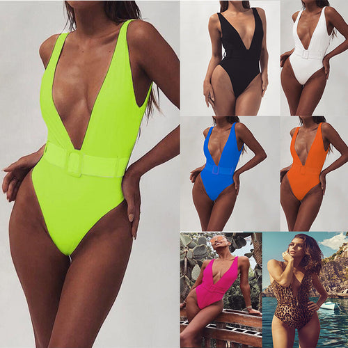 Damen Einteiliger Badeanzug mit glamourösem V-Ausschnitt und stylischer Gürteldetail EB