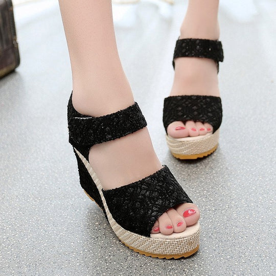 Damen nan sommerliche Keilabsatz Sandalen mit Bastsohle und verstellbarem Klettverschluss EB