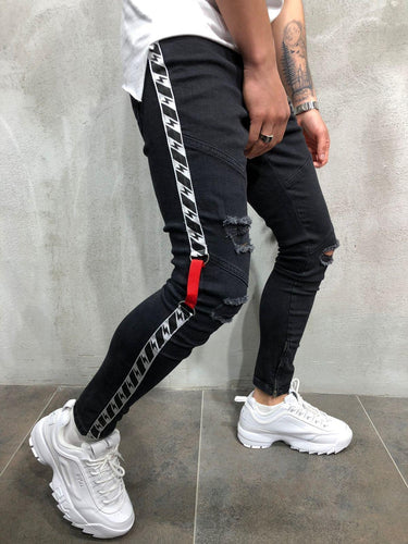 Herren modische Ripped Jeans mit kontrastierenden seitlichen Streifen und detailverliebten Designelementen EB
