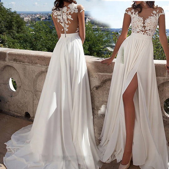 Damen Hochzeitskleid mit elegantem Spitzen-Oberteil und fließendem Rock EB
