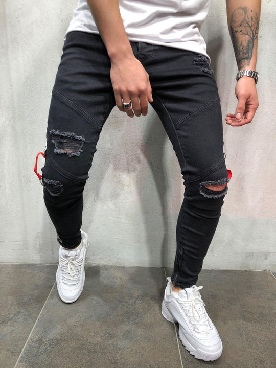 Herren modische Ripped Jeans mit kontrastierenden seitlichen Streifen und detailverliebten Designelementen EB