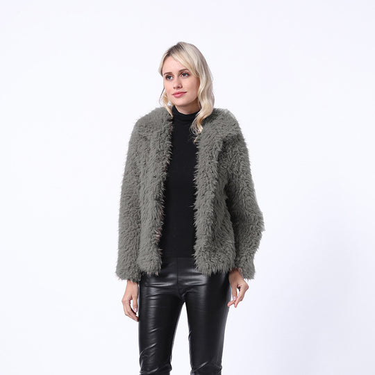 Damen Modischer Kunstpelzjacke mit elegantem Kragen und seitlichen Taschen EB