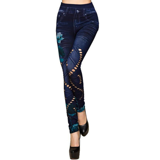 Damen Leggings im floralen Denim-Look mit-hohem Bund und figurformendem Schnitt EB