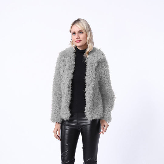 Damen Modischer Kunstpelzjacke mit elegantem Kragen und seitlichen Taschen EB