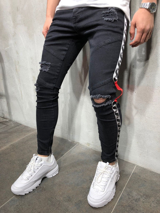 Herren modische Ripped Jeans mit kontrastierenden seitlichen Streifen und detailverliebten Designelementen EB