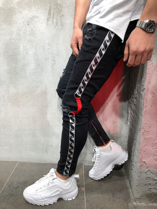 Herren modische Ripped Jeans mit kontrastierenden seitlichen Streifen und detailverliebten Designelementen EB