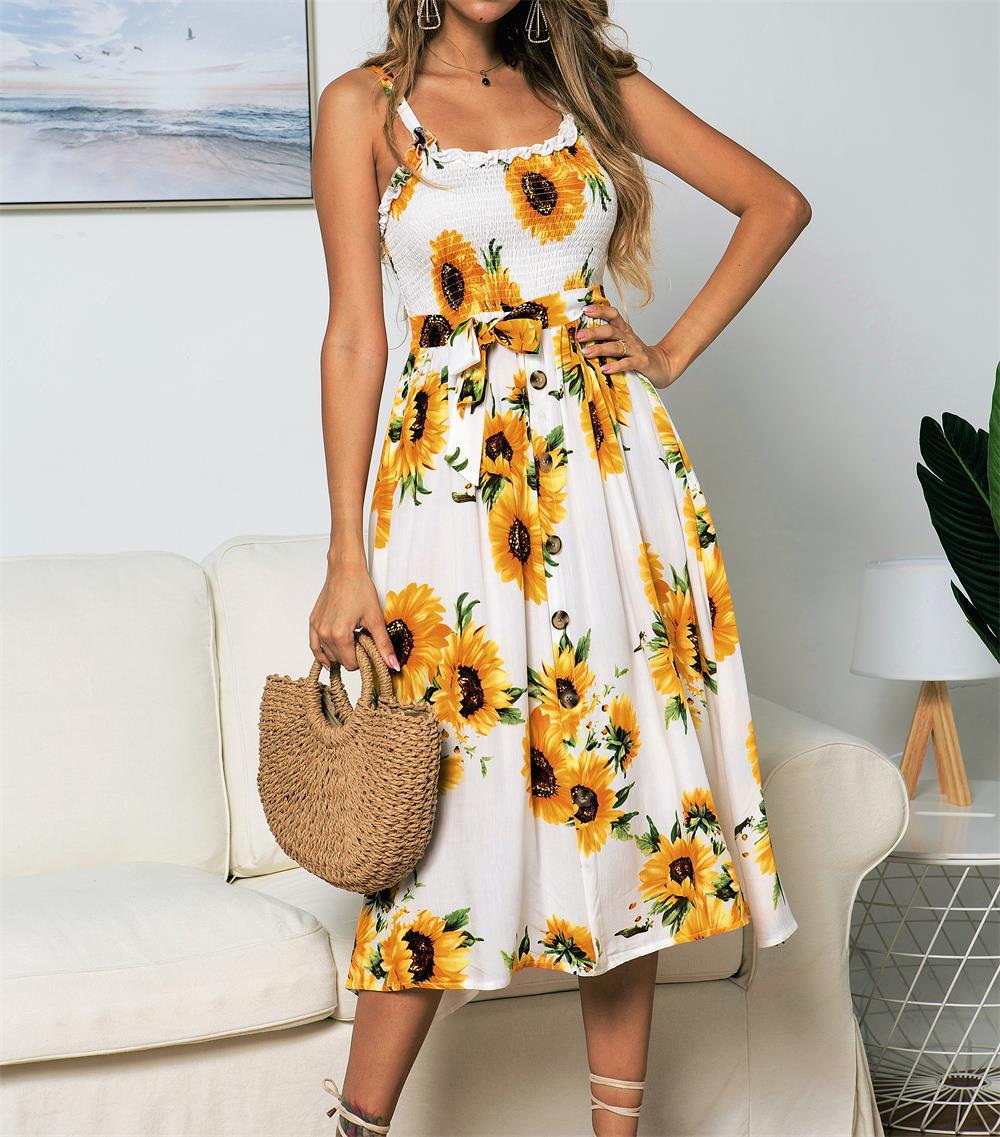 Damen Midikleid mit floralem Design und elastischem Taillengürtel EB