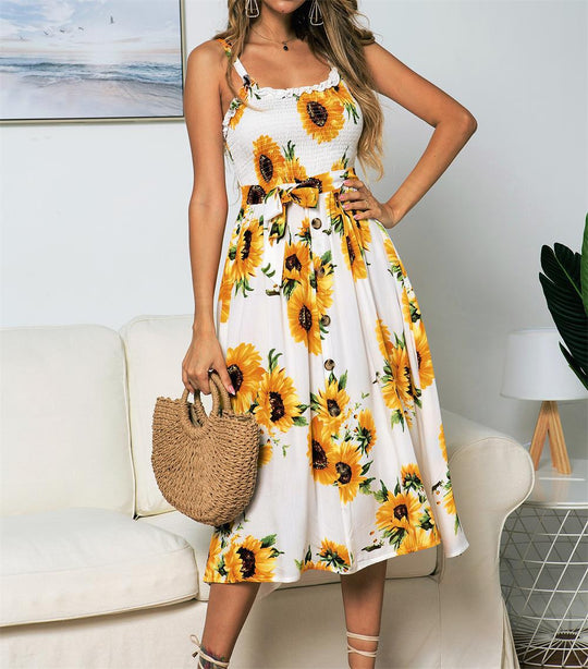 Damen Midikleid mit floralem Design und elastischem Taillengürtel EB