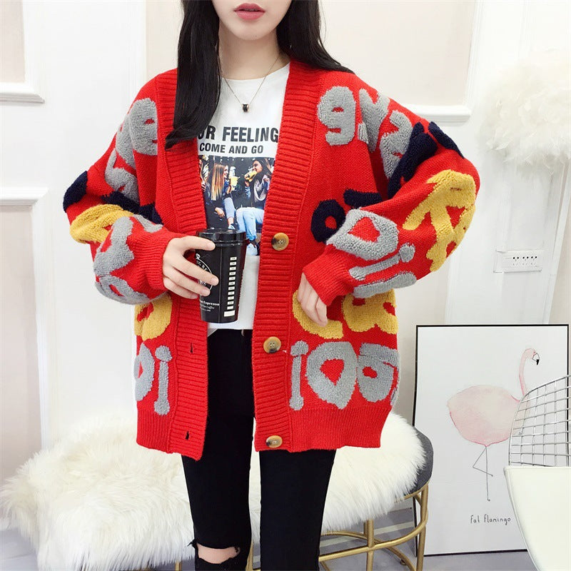 Damen Strickjacke mit buntem Design und großen Knöpfen EB