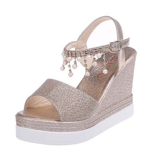 Damen Wedge-Sandalen mit funkelndem Perlenverzierungsriemen und komfortabler Sohle EB