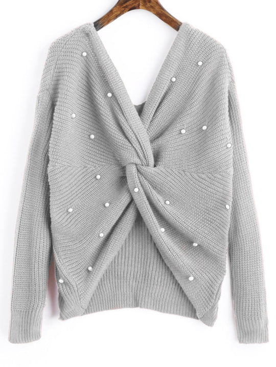 Damen Strickpullover mit Twist-Detail und Perlenbesatz EB