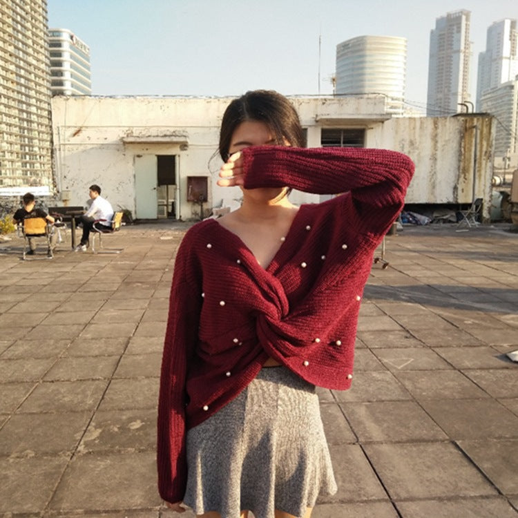 Damen Strickpullover mit asymmetrischem Rückendesign und perlenverzierten Elementen EB