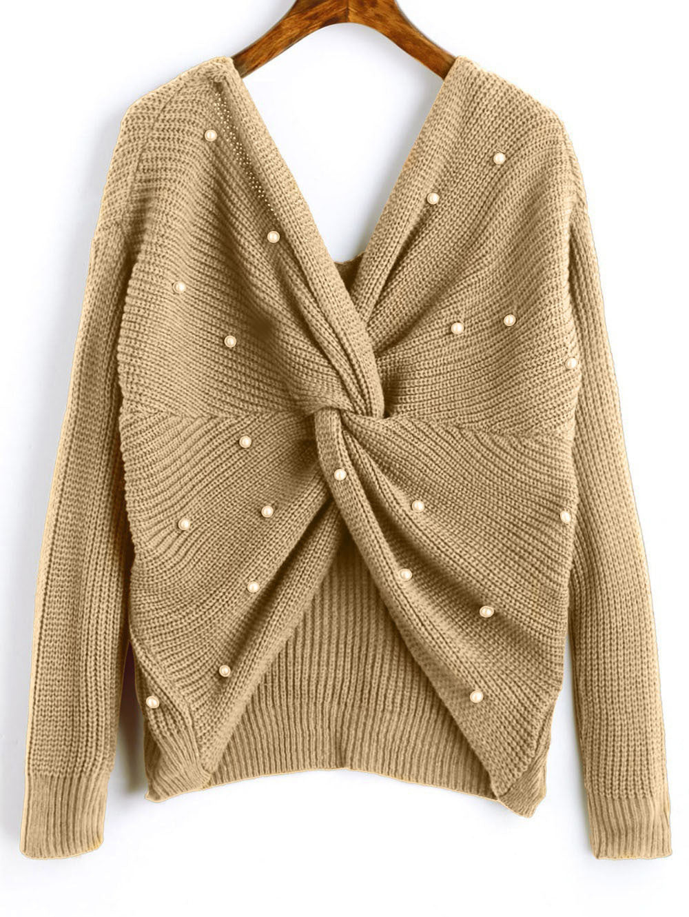 Damen Strickpullover mit asymmetrischem Rückendesign und perlenverzierten Elementen EB
