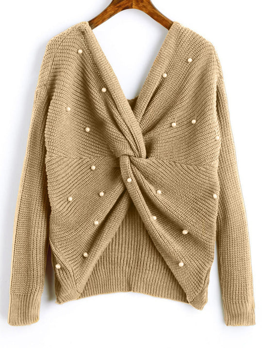 Damen Strickpullover mit asymmetrischem Rückendesign und perlenverzierten Elementen EB