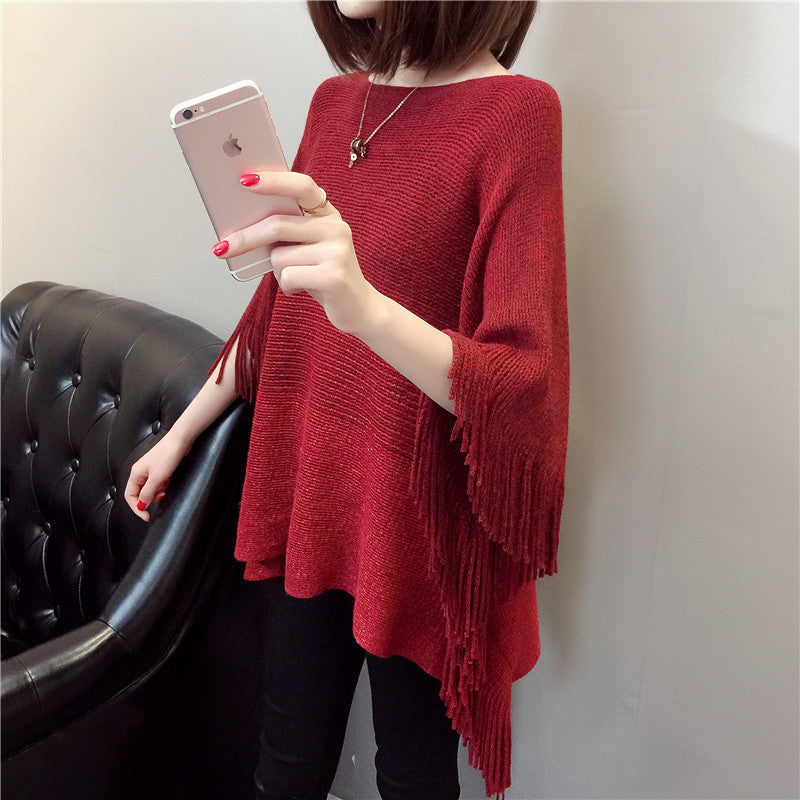 Damen Strickponcho mit Fransen und modischem Farbverlauf EB