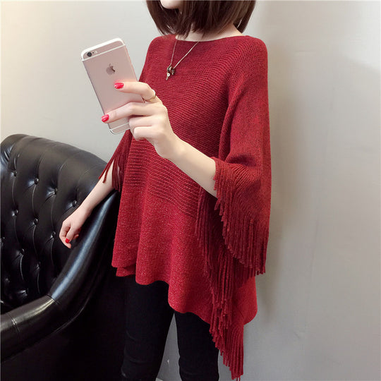 Damen Strickponcho mit Fransen und modischem Farbverlauf EB