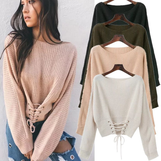 Damen Crop-Strickpullover mit Lacedetail EB
