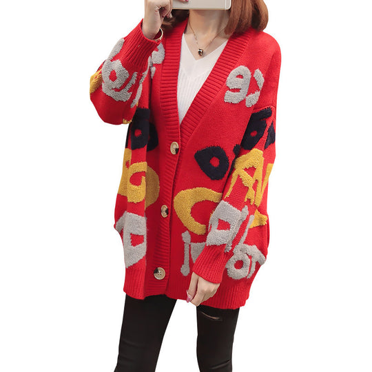 Damen Grobstrick-Cardigan mit modischem Grafikdesign und Knopfverschluss EB