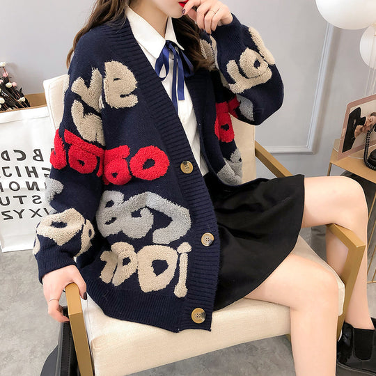 Damen Grobstrick-Cardigan mit bunten grafischen Mustern und komfortablen Knopfdetails EB