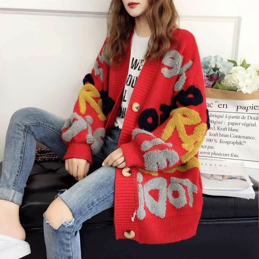 Damen Grobstrick-Cardigan mit bunten grafischen Mustern und komfortablen Knopfdetails EB