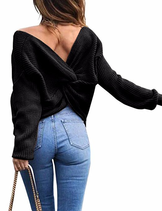 Damen lässiger Strickpullover mit tiefem Rückendetail und übergroßem Schnitt EB