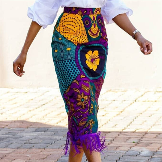 Damen eleganter Rock mit Fransen und außergewöhnlichem Print EB