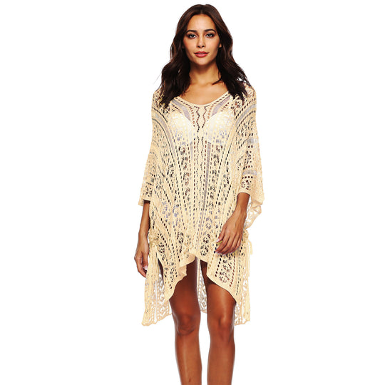 Damen lässiger Häkel-Kaftan mit stilvollem V-Ausschnitt EB