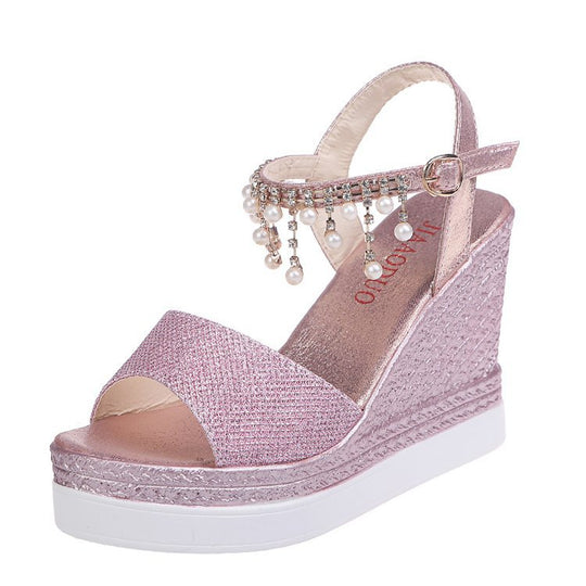 Damen nan glitzernde Keilsandalette mit Perlenfransen und verstellbarem Knöchelriemen EB