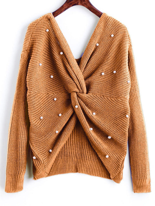 Damen Strickpullover mit asymmetrischem Rückendesign und perlenverzierten Elementen EB