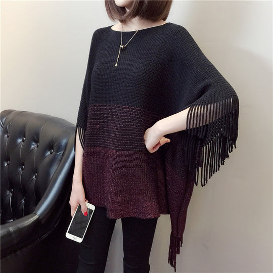 Damen Strickponcho mit Fransen und modischem Farbverlauf EB