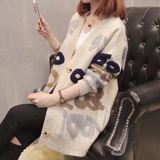 Damen Grobstrick-Cardigan mit modischem Grafikdesign und Knopfverschluss EB