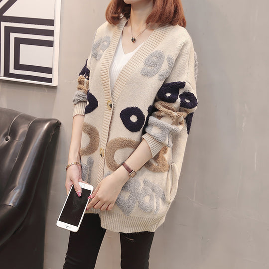 Damen Grobstrick-Cardigan mit modischem Grafikdesign und Knopfverschluss EB