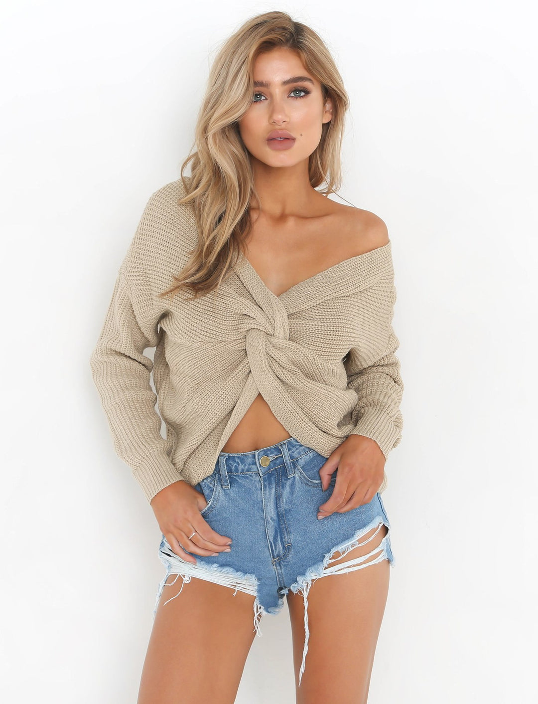 Damen lässiger Strickpullover mit tiefem Rückendetail und übergroßem Schnitt EB