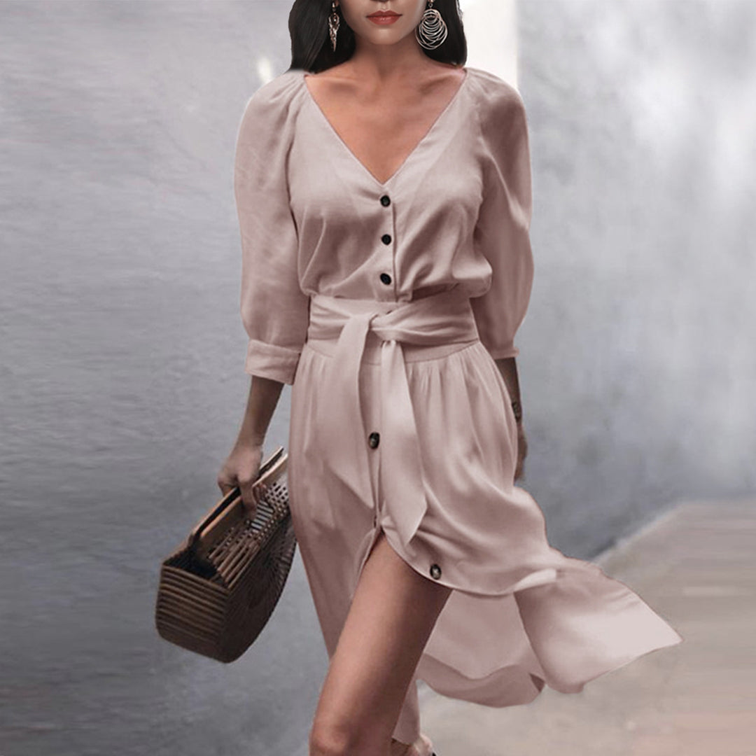 Damen modisches Knopfdress mit Gürtel EB