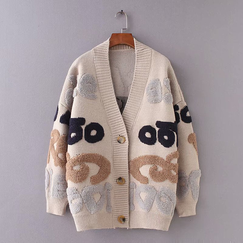 Damen Strickjacke mit buntem Design und großen Knöpfen EB