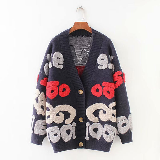 Damen Strickjacke mit buntem Design und großen Knöpfen EB