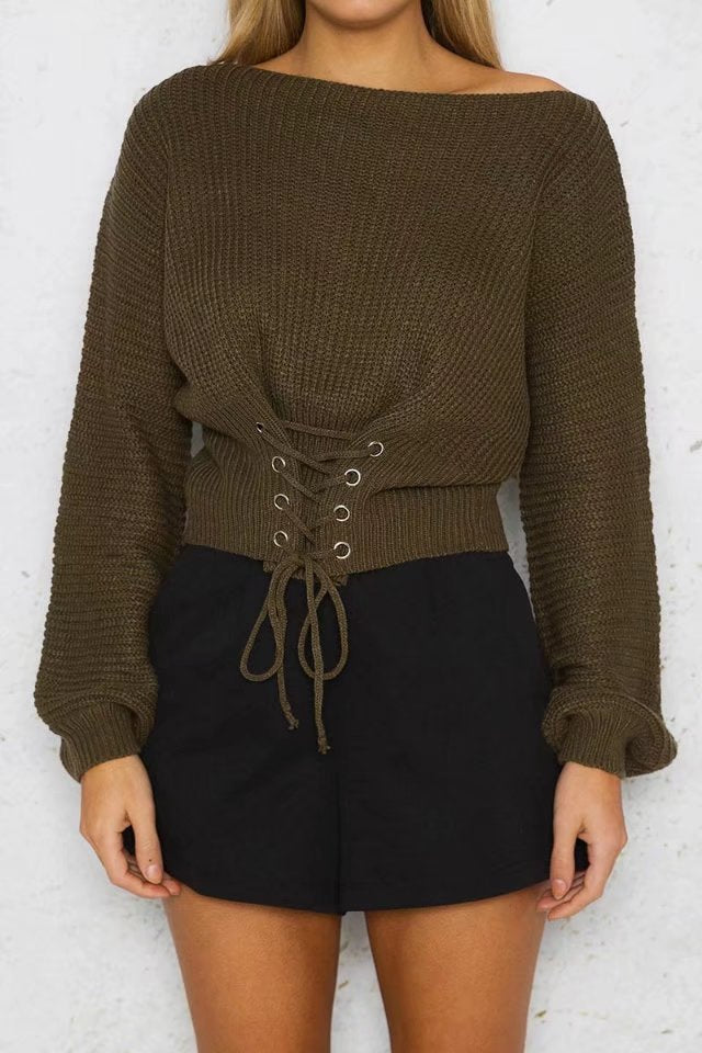 Damen cropped Pullover mit Schnürung und weitem Schnitt EB