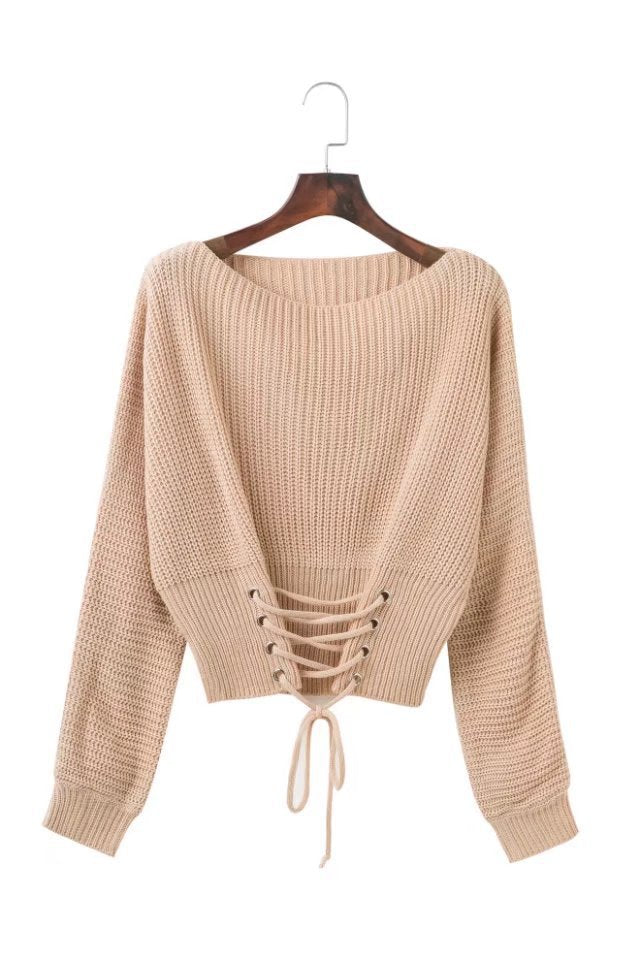Damen cropped Pullover mit Schnürung und weitem Schnitt EB