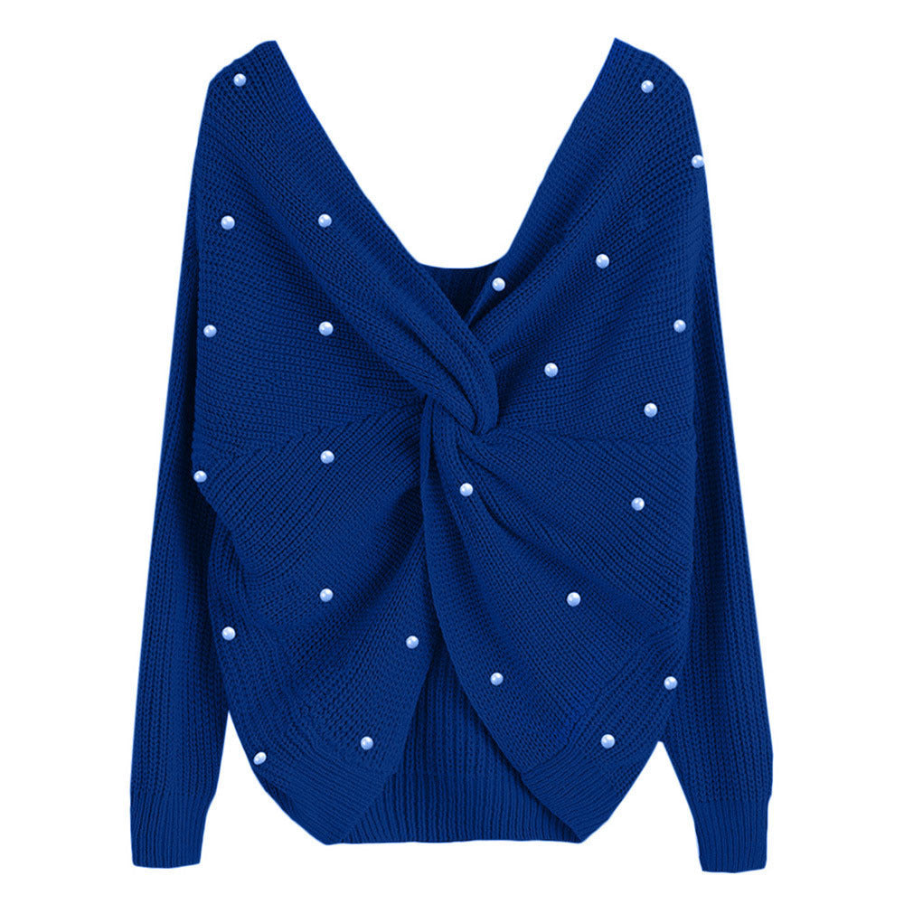 Damen Strickpullover mit asymmetrischem Rückendesign und perlenverzierten Elementen EB