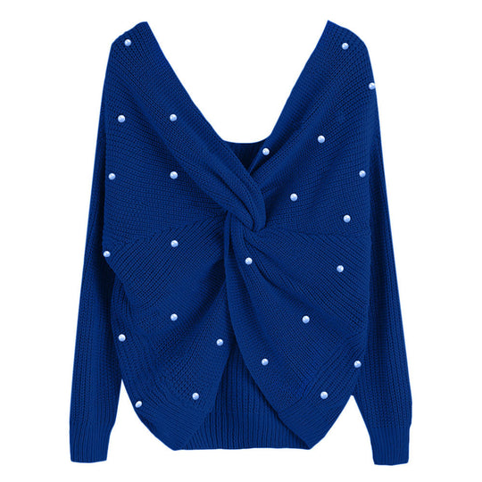 Damen Strickpullover mit asymmetrischem Rückendesign und perlenverzierten Elementen EB