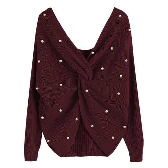 Damen Strickpullover mit asymmetrischem Rückendesign und perlenverzierten Elementen EB