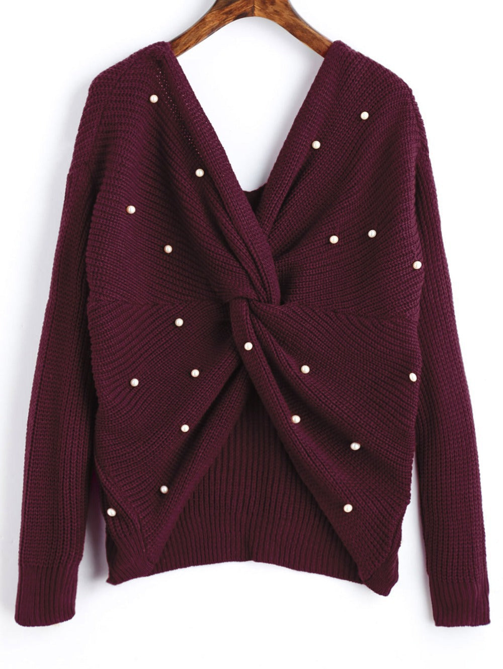 Damen Strickpullover mit asymmetrischem Rückendesign und perlenverzierten Elementen EB
