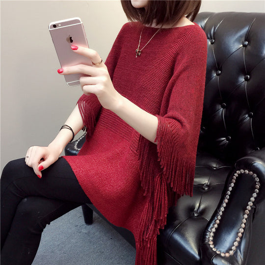 Damen Strickponcho mit Fransen und modischem Farbverlauf EB