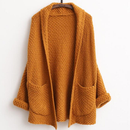 Damen grober Strick-Cardigan mit offenen Ärmeln und praktischen Taschen EB