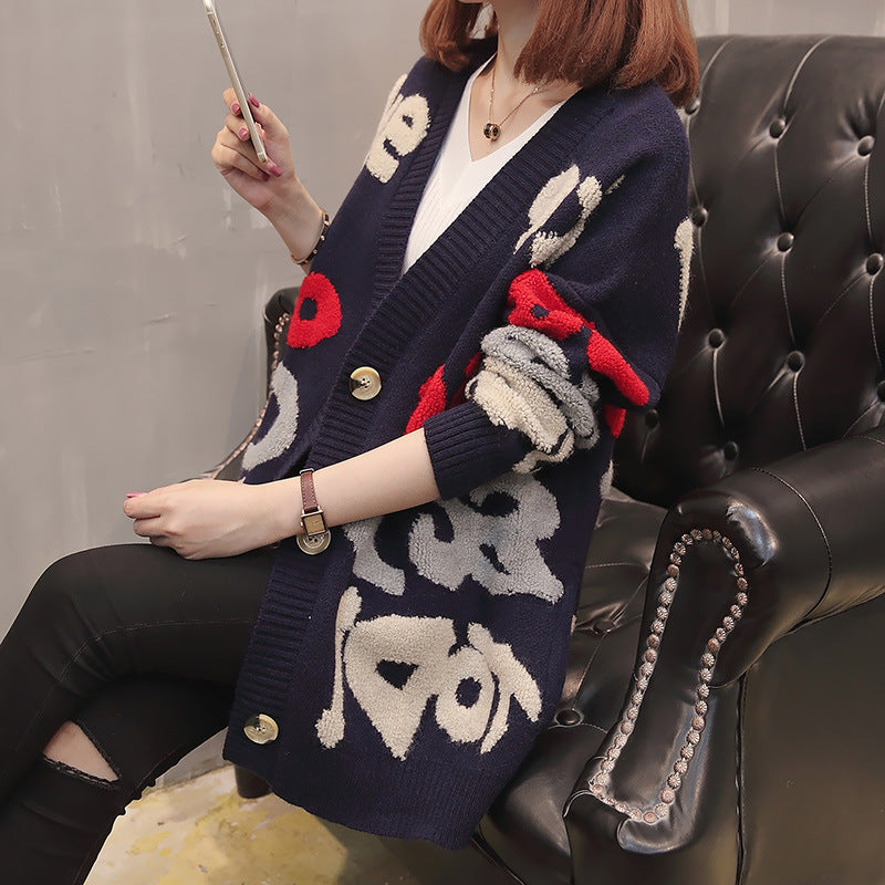 Damen Grobstrick-Cardigan mit modischem Grafikdesign und Knopfverschluss EB