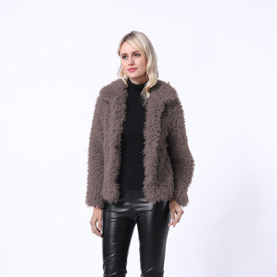 Damen Modischer Kunstpelzjacke mit elegantem Kragen und seitlichen Taschen EB